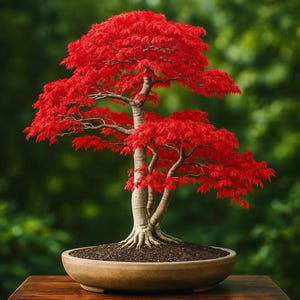 May include: A vibrant red Japanese maple bonsai tree in a ceramic pot. The tree's leaves are a striking shade of red, contrasting with the light brown trunk and branches. The bonsai is planted in a round, light brown pot, set against a blurred green background.
