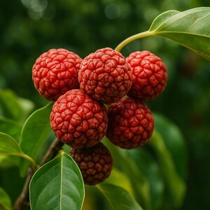 May include: Close-up of a cluster of bright red, textured berries on a branch with green leaves. The berries are round and have a bumpy surface. The background is a blurred green.