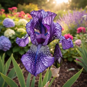 May include: A close-up of a vibrant purple iris flower with intricate veining patterns. The flower has a deep purple center and a bud. Green leaves and other colorful flowers are in the background, with sunlight shining through.