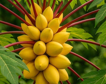 May include: A close-up of a cluster of ripe, yellow papayas growing on a tree. The papayas are oval-shaped and clustered together. The tree has red stems and green leaves, with a blurred green background.