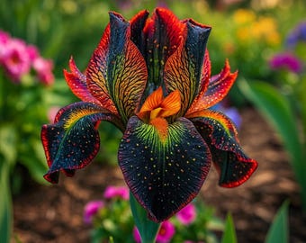 Fire Glow Pattern Bearded Iris Flower (50) Seeds: Rare Red Black Ruffled, Vibrant Perennial