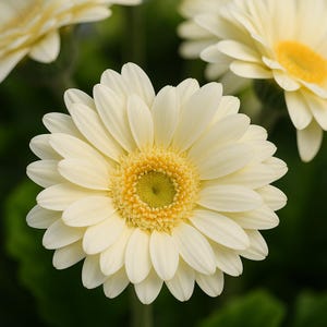 May include: Close-up of a white gerbera daisy with a yellow center. The petals are layered and slightly curved, creating a full, round bloom. Other daisies are visible in the background against a dark green backdrop. The flower is a popular choice for bouquets and floral arrangements.