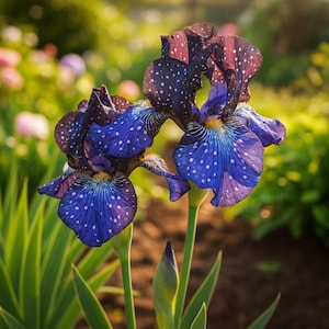May include: Close-up of two iris flowers with dark purple petals speckled with white dots. The lower petals are a vibrant blue with white dotted patterns. The flowers are in full bloom, with green stems and leaves in the foreground, and a blurred garden background.