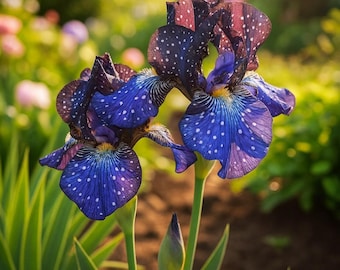 Galaxy Pattern Bearded Iris (50) Seeds: Deep Blue Star, Spotted Ruffled Blooms