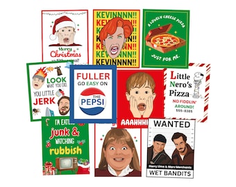May include: A collection of colorful, rectangular prints featuring quotes and characters from the movie "Home Alone." Designs include "Merry Christmas," "Fuller, Go Easy on the Pepsi," and "Wanted" posters.