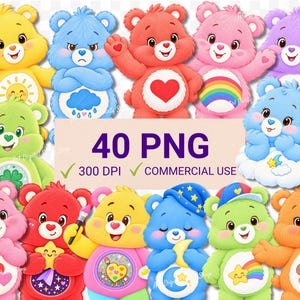 Puede incluir: Una colección de osos de dibujos animados coloridos con varios símbolos en el vientre, incluyendo un sol, nube de lluvia, corazón, arcoíris, trébol, luna y estrellas. La imagen incluye el texto 40 PNG, 300 DPI y COMMERCIAL USE.