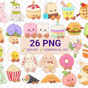 Op de afbeelding: Een verzameling van 26 digitale illustraties met schattige, antropomorfe karakters, waaronder een roze teddybeer, diverse taarten, een burger, een donut, een sushibroodje, een croissant, een perzik, een schildpad en konijntjes met de tekst 26 PNG 300 DPI.