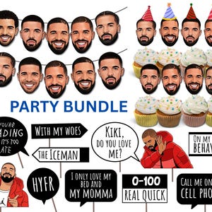 Op de afbeelding: Een feestpakket met Drake-thema, inclusief een slinger van uitgeknipte gezichten, cupcake-toppers met feesthoedjes en fotorekwisieten op stokjes met songteksten zoals If You're Reading This It's Too Late en Kiki, Do You Love Me.