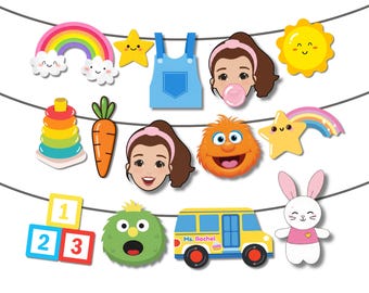 Könnte beinhalten: Eine Sammlung farbenfroher Cartoon-Illustrationen, darunter ein Regenbogen, ein Stern, eine Sonne und ein Schulbus mit dem Text "Ms. Rachel". Weitere Bilder sind eine Karotte, ein Hase und Blöcke mit Zahlen.