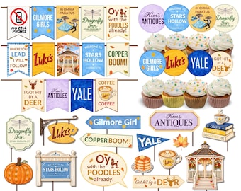 Stars Hollow Party Bundle: Banner, Cupcake Toppers And Photo Props (Digital PDF File)