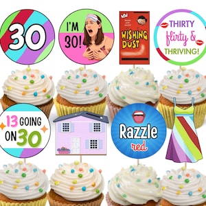 May include: Cupcakes with white icing and colourful sprinkles, topped with decorative toppers. Toppers include the numbers "30", the phrase "I'm 30!", a book cover that says "Wishing Dust", and the phrase "Thirty flirty & thriving!"
