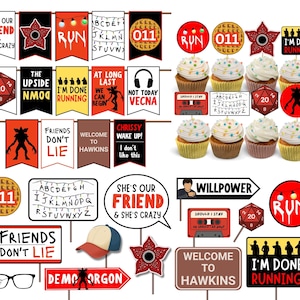 Puede incluir: Una colección de decoraciones para fiestas y adornos para cupcakes con un tema. Incluye pancartas, letreros y adornos para cupcakes con frases como "Friends Don't Lie" y "Welcome to Hawkins". También presenta una gorra de béisbol y un Demogorgon.