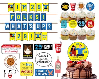 Zestaw na 29. urodziny New Girl: baner, ozdoby na tort, ozdoby na babeczki i rekwizyty do zdjęć (plik PDF w wersji cyfrowej)