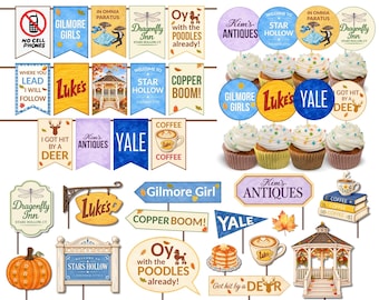 Paquete de fiesta Stars Hollow: pancarta, adornos para cupcakes y accesorios para fotos (archivo PDF digital)