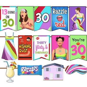 13 Going On 30 Banner: Thirty, Flirty and Thriving 30th Birthday Party Decorations (Digital PDF Files)
