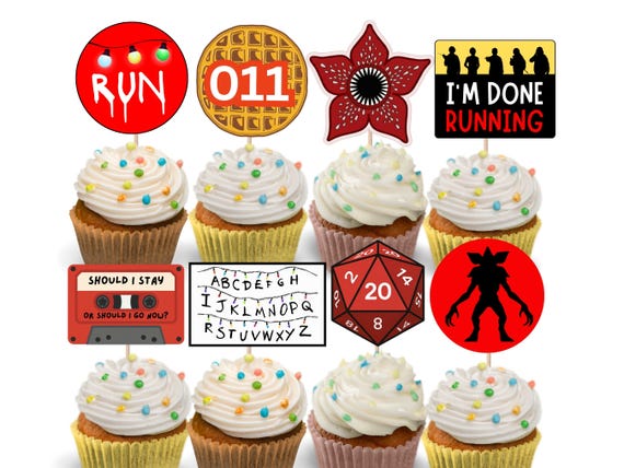 Stranger Cupcake Toppers: Retro 80s Sci-Fi Things Birthday Party Decorations (Digital PDF File)