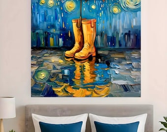 Yellow Umbrella & Rain Boots Canvas Print | Modern Van Gogh Style | Abstract Rainy Day Art