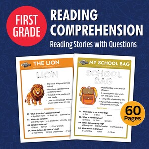 May include: Educational reading comprehension workbook for first grade pupils. Features two pages with reading passages and questions about a lion and a school bag. Includes a total of 60 pages. The cover has the text "Reading Comprehension".