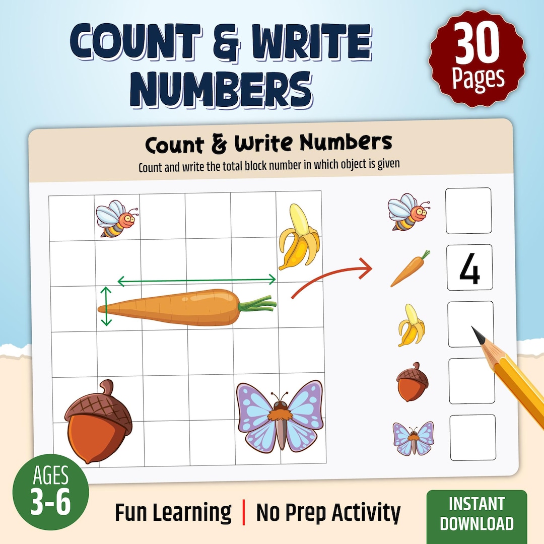 Count and Write Numbers Worksheet Printable, Preschool Math Activity ...