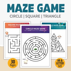 幼児向け迷路ゲームワークシート、円・四角・三角形の迷路アクティビティ、学びと遊び（30ページ）