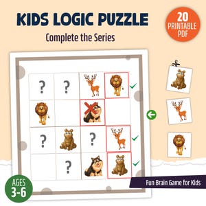 Puede incluir: Un colorido rompecabezas lógico para niños con el texto "KIDS LOGIC PUZZLE" y "Complete the Series". El juego presenta ilustraciones de animales, incluyendo un león, un ciervo, un oso y un perro. El rompecabezas está diseñado para niños de 3 a 6 años.