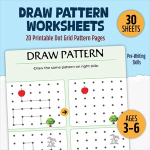 May include: A printable worksheet set for ages 3-6, featuring dot grid pattern pages. The cover displays the text "DRAW PATTERN WORKSHEETS" and "20 Printable Dot Grid Pattern Pages." The worksheet includes pre-writing skills exercises with illustrations of apples, trees, and rabbits.