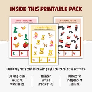 Hojas de trabajo para contar números para preescolar, números del 1 al 10, PDF imprimible, actividad matemática para preescolar, 30 páginas.