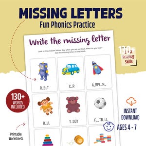 Puede incluir: Una hoja de trabajo imprimible para niños de 4 a 7 años con el título "Missing Letters". La hoja de trabajo presenta imágenes de un robot, un coche, un cohete, una muñeca, un oso de peluche y un balón de fútbol.