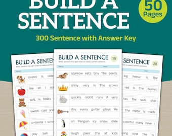 May include: Educational workbook titled "Build a Sentence" with 50 pages. The cover features large white text on a teal background. Inside, pages display sentence-building exercises with illustrations and word prompts for children.