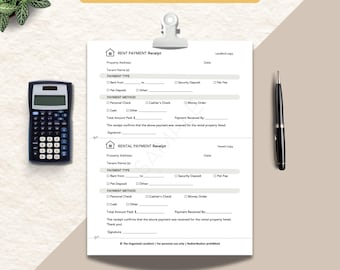 Rent Receipt Template | Landlord Rental Payment Form | Fillable PDF Printable | Property Manager Invoice