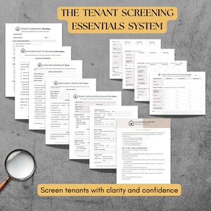 May include: A collection of white tenant screening forms with headings like "Tenant Screening Workflow" and "Tenant Application Evaluation Form." The text "The Tenant Screening Essentials System" is displayed above the forms. A magnifying glass is in the lower left corner.