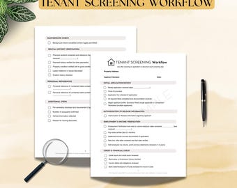 May include: Two white sheets with the text "TENANT SCREENING WORKFLOW" and checklist items. A magnifying glass and a black pen are on the side. The text "Stop Missing Steps When Screening Tenants" is at the bottom.
