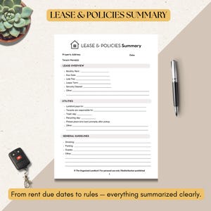 Lease Information Sheet for Tenants | Fillable and Printable PDF Landlord Template | Rental Property Move-In Form| Property Management Tool