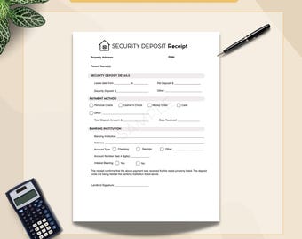 Security Deposit Receipt (Printable & Fillable PDF) | Landlord Deposit Acknowledgment Form | Tenant Move-In Document