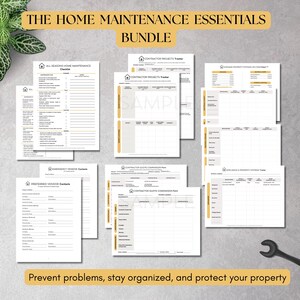 May include: A bundle of home maintenance essentials, including checklists, project trackers, and quote comparison forms. The documents are printed on white paper with a yellow and gray color scheme. The text reads "The Home Maintenance Essentials Bundle". A wrench is also visible.