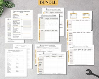 Könnte beinhalten: Ein Bundle mit Dokumenten zur Hauswartung, darunter Checklisten und Projektverfolgungen, gedruckt auf weißem Papier mit gelben und grauen Akzenten. Der Text lautet "The Home Maintenance Essentials Bundle". Ein Schraubenschlüssel ist ebenfalls sichtbar.