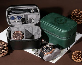 Personalized Leather Watch Box, Travel Watch Box, Jewelry Box for 2 Watches,Valentine's Day gift,Gift for Him