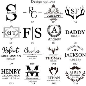 May include: A collection of design options for personalized items. The designs include initials, names, dates, and decorative elements such as antlers, laurel wreaths, and bow ties. The text is in a bold, clear font.
