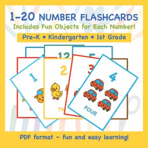 May include: A set of colorful number flashcards for Pre-K, Kindergarten, and 1st Grade. Each card features a number from 1 to 4 with corresponding fun objects like cars and a duck. The text on the cards includes the number and the word form.