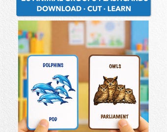 26 Animal Groups Flashcards Printable | Collective Nouns for Animals | Montessori Learning Cards