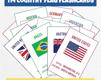 Country Flag Flashcards Printable | 114 Countries | Flags, Capitals & Continents | Geography Worksheets | Kids Learning PDF
