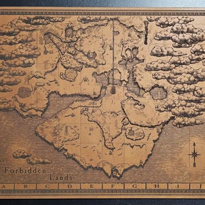May include: A rectangular tan map titled The Forbidden Lands featuring a central landmass with topographical details, clouds, and a grid system. The borders display numbered icons and names including Valus, Dirge, and Malus, with a compass rose.