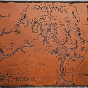 May include: A detailed map of the Province of Cyrodiil, featuring intricate geographical details and place names. The map is rendered in a warm brown hue with dark brown outlines, and includes a legend. The map is bordered by a dark brown frame.