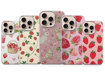 スイートストロベリーのスマホケース キュートフルーツ柄 スマホカバー iPhone 17 Pro、16、15、14、13、12、XR、8+ & Samsung S23、A54、A53、Pixel 9、8 対応