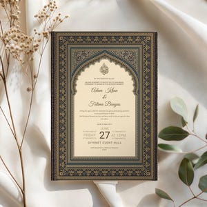 Ottoman Gold Islamic Wedding Invitation Template, Elegant Nikah Invite 5x7, Vintage Muslim Wedding Canva Editable Card Download