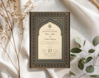 Ottoman Gold Islamic Wedding Invitation Template, Elegant Nikah Invite 5x7, Vintage Muslim Wedding Canva Editable Card Download