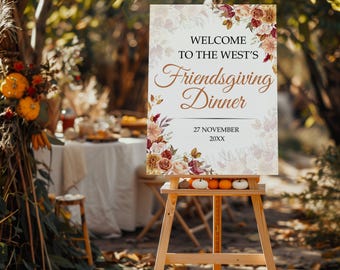 Editable Friendsgiving Welcome Sign, Autumn Floral Fall Harvest Entrance Poster, Pumpkin Thanksgiving Decor, Printable 18x24 Template