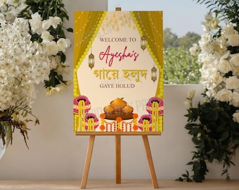 Plantilla de cartel de bienvenida para Bangla Gaye Holud / Decoración para bodas Deshi / Descarga digital personalizada de 18 x 24