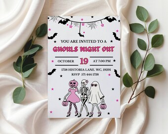Ghouls Night Out Halloween Party Invitation Template | Editable Canvas | Spooky Girls Night Invite Digital Download | Halloween Town Pink