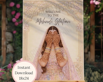 Welcome to the Mehndi Station Sign 18x24 Pastel Henna Party Poster Instant Download